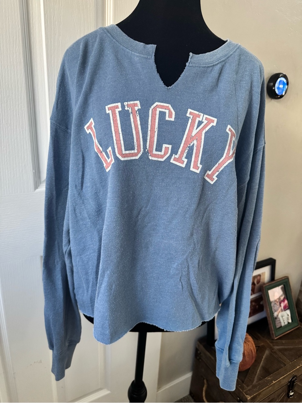 Lucky Brand Slate Blue Graphic Crewneck with Pink Accents